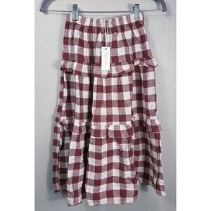 Rylee + Cru Burgundy Gingham Linen Blend Tiered Skirt Girls 8/9 NWT